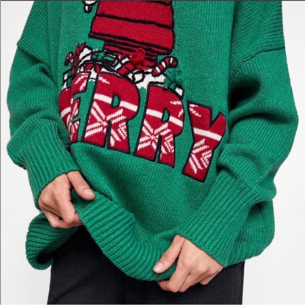 Zara Knit Snoopy Peanuts Merry Sweater Green Medium - Picture 2 of 10